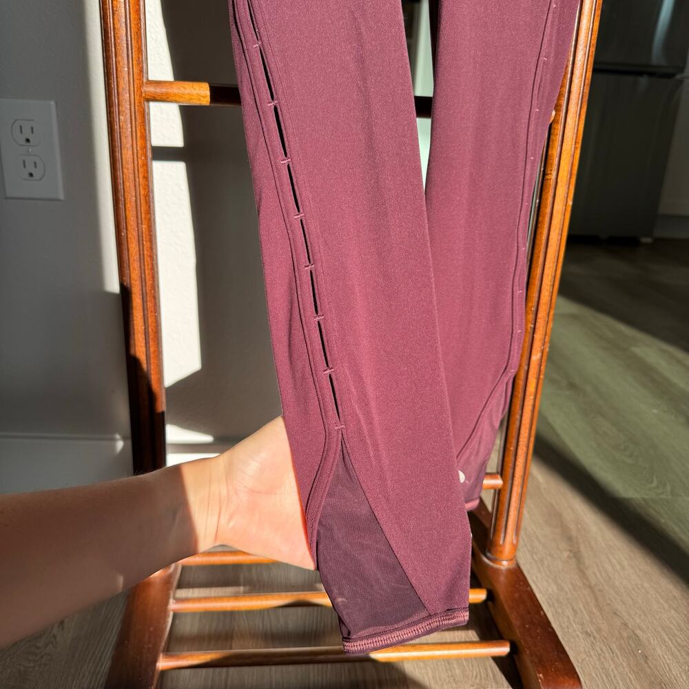 Athleta High Rise Leggings Laser Cut Mesh Trim Burgundy Sz S Yoga Gym - Picture 5 of 10